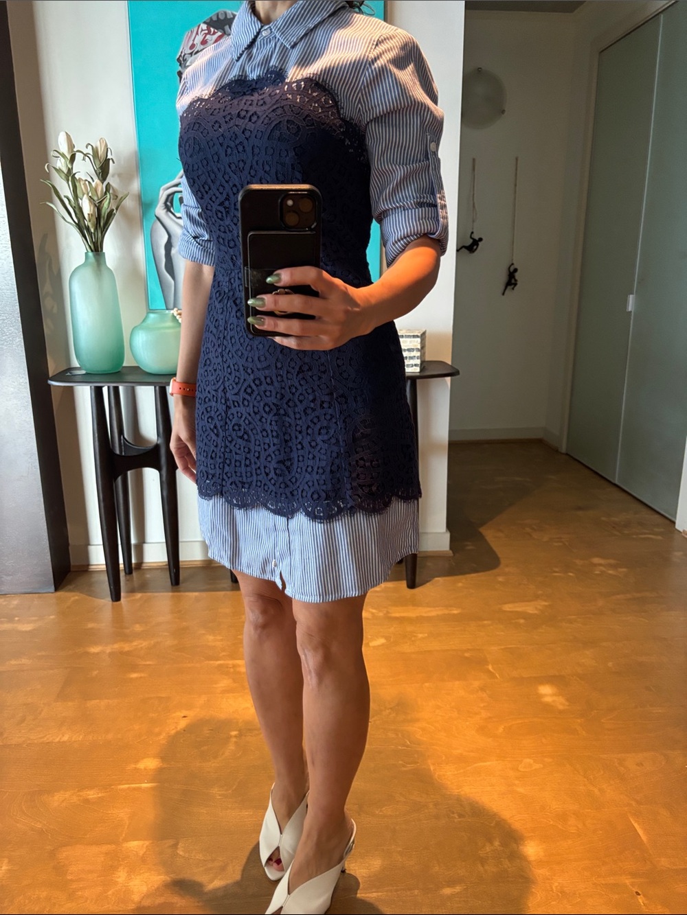 BCBGMaxAzria Blue-and-White Striped Button-Down with Navy Lace Overlay